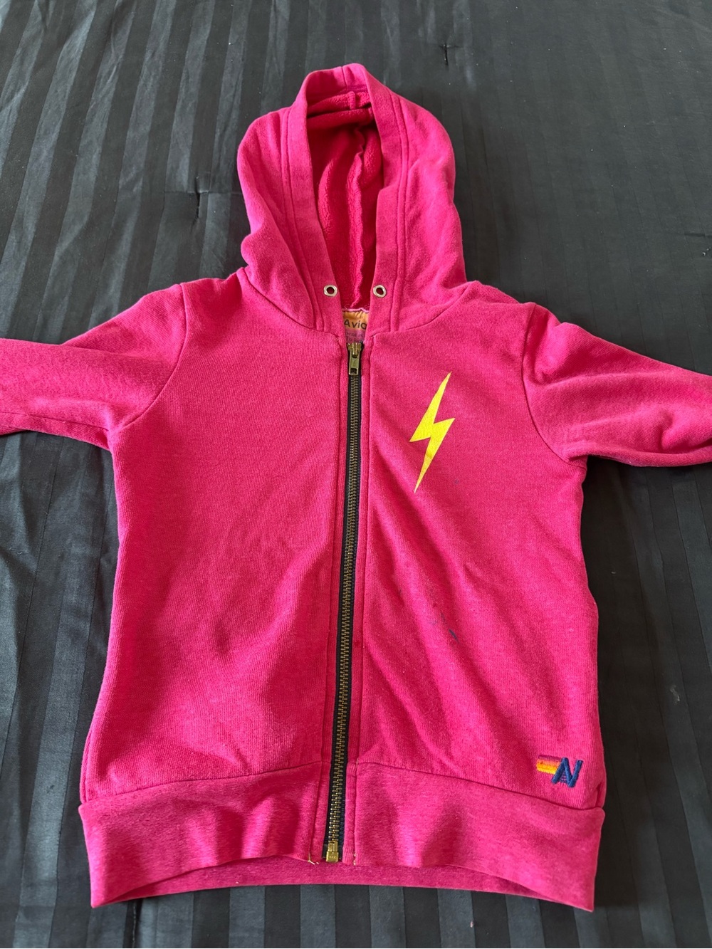 Aviator Nation Bright Pink Kids Zip Hoodie with Yellow Lightning
